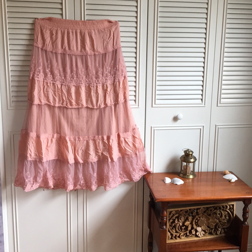 Mori Girl Coral Lace Tiered Maxi Skirt